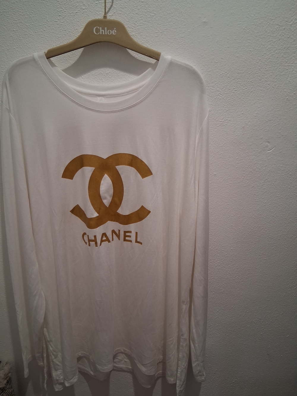 Designer inspired White Long Sleeve Tee with Gold CC Logo.New